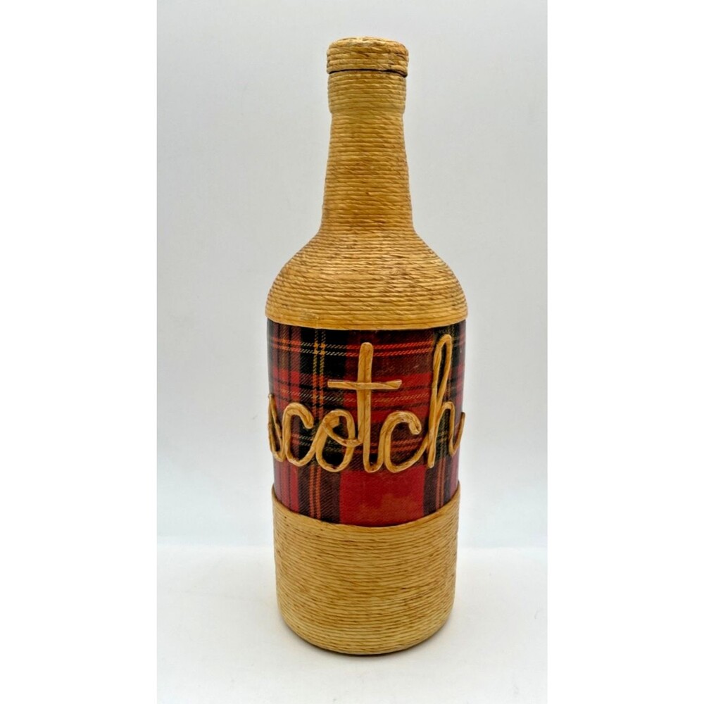 Vintage Wicker Wrapped Scotch Liquor Bottle Tartan Plaid Fine Jute Twine Rare